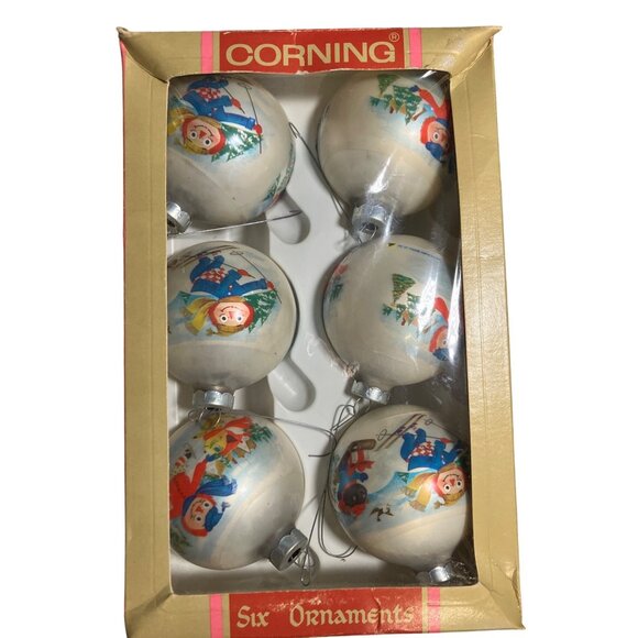 Corning Glass Works Christmas Ornaments Set Of 6 With  Rag Doll Scene Vintage 19 - Picture 1 of 7